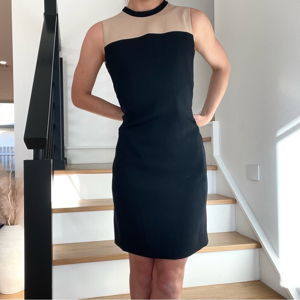 Akris Punto Wool Black Tan Lamb Nappa Leather Colorblock Sleeveless Dress Size 6
